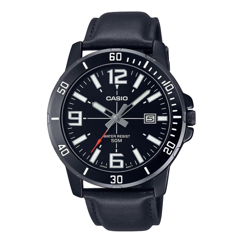 Casio Mens Black Analog Watch With Date Display And Leather Band